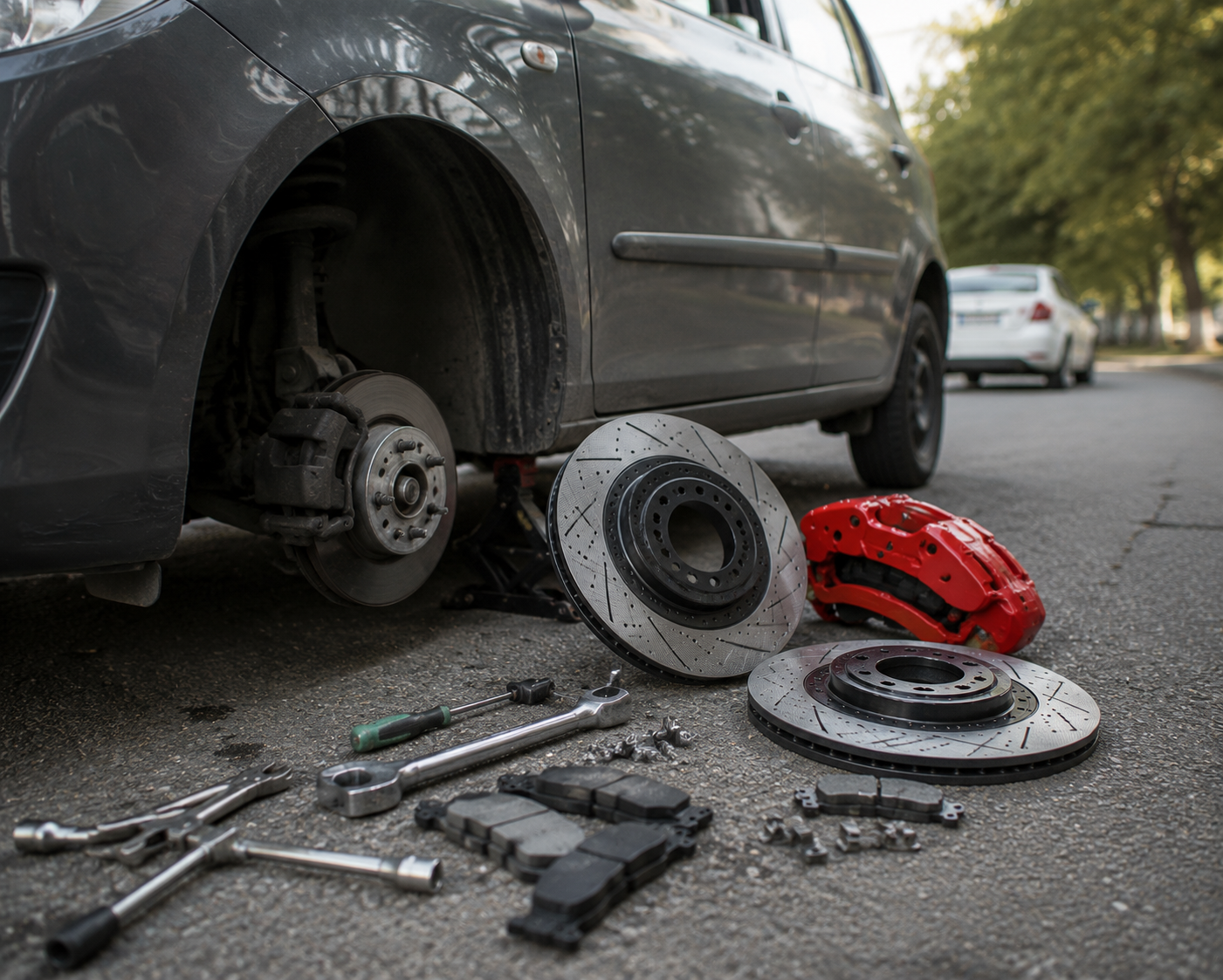 Coventry Fixcore mobile mechanic performing professional brake replacement with disc, pads and tools arranged beside car on roadside service job