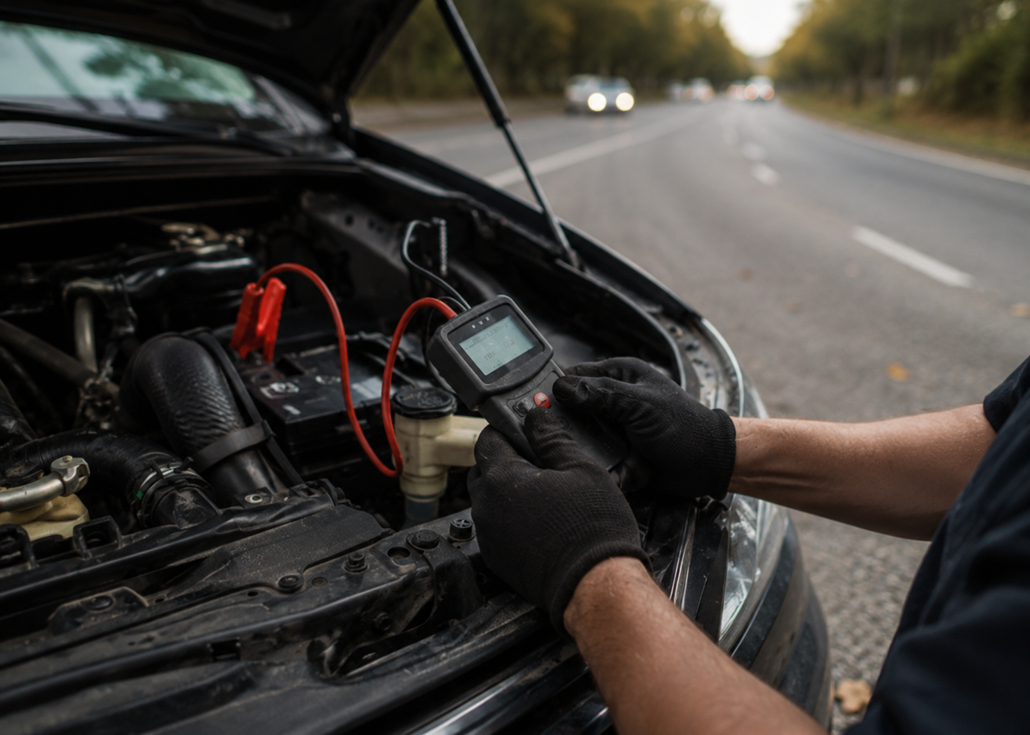 Coventry Fixcore mobile mechanic using diagnostic scanner to check car engine and battery system on roadside service call