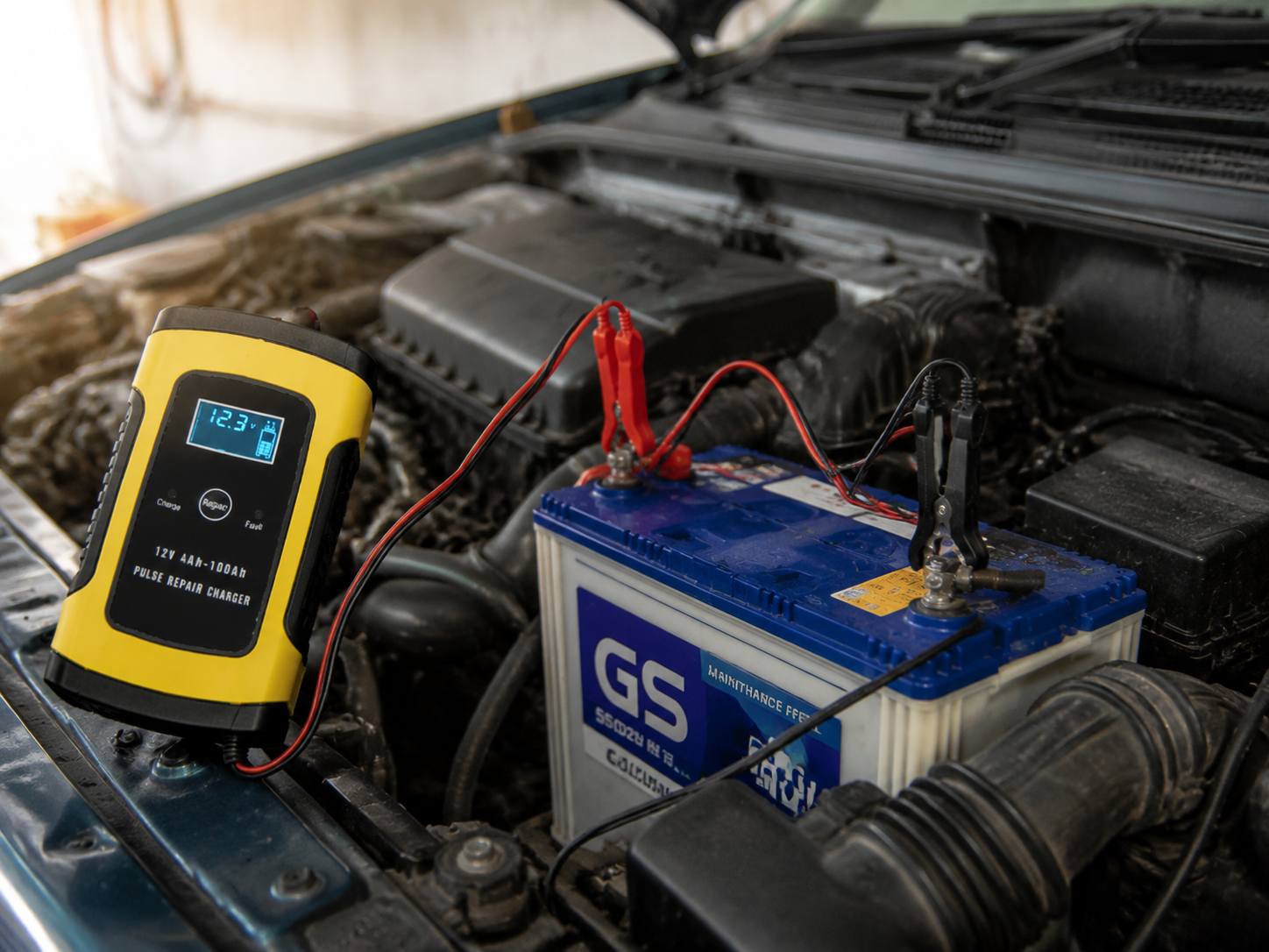 Coventry Fixcore mobile mechanic using battery charger and diagnostic equipment on car battery during vehicle repair service