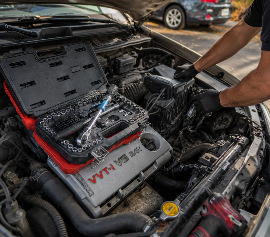 Car engine bay close-up showing a mechanic performing vehicle diagnostics and repair work with professional tools placed on engine components during automotive service.