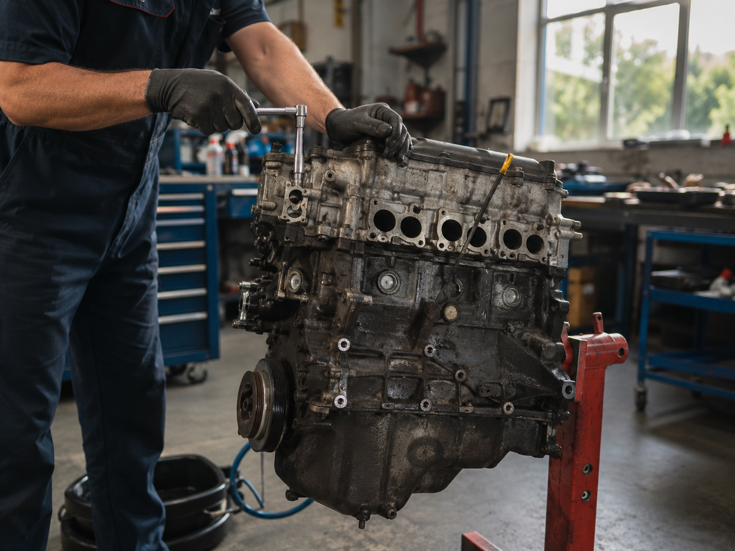 A professional mechanic working on a large engine block mounted on a stand inside a car repair workshop, using a ratchet tool to tighten or loosen engine components during engine repair service.