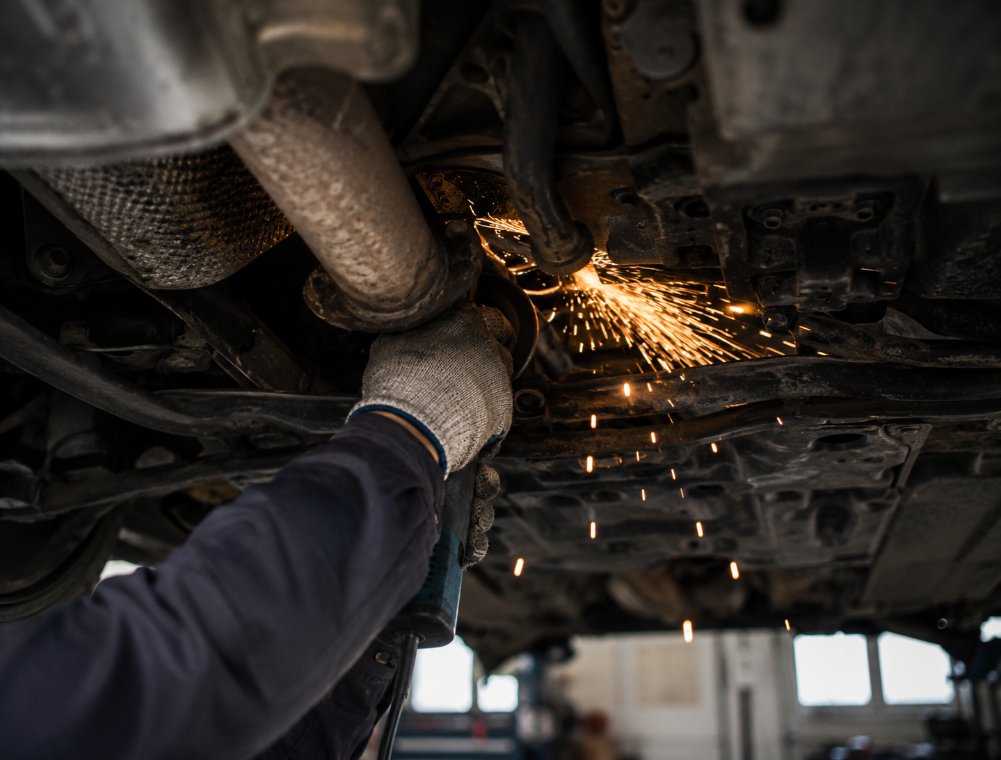 A mechanic working underneath a raised car, performing exhaust or chassis repair while bright welding or grinding sparks fly from the metal surface in an coventry fixcore workshop setting.