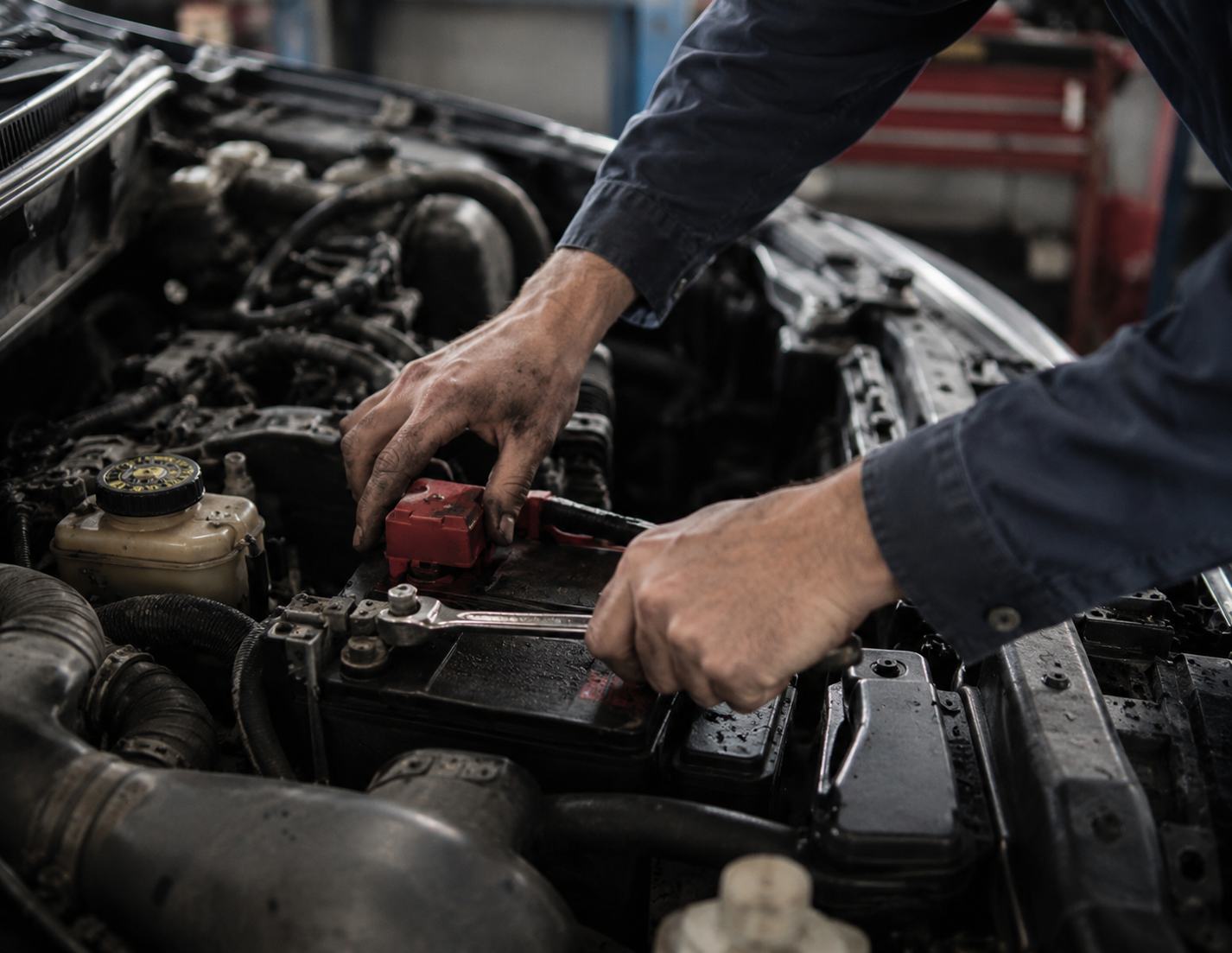 James, a professional automotive technician, working on a car engine inside a workshop, tightening and checking battery connections during routine vehicle maintenance and diagnostics.