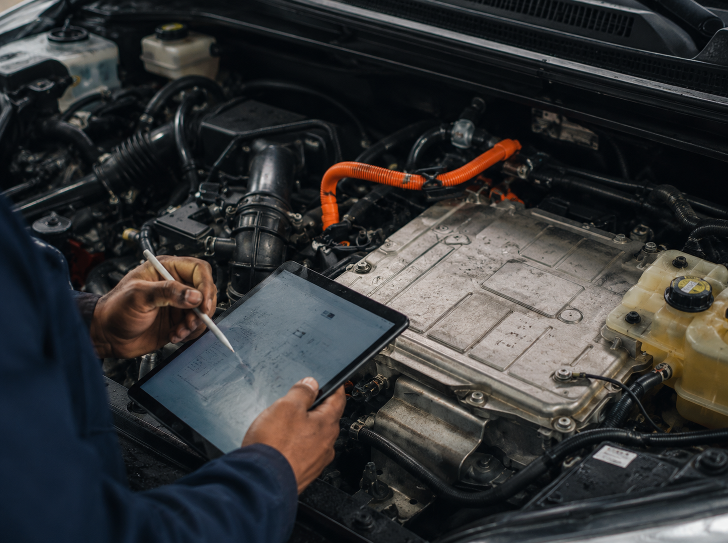 A mobile mechanic wearing Coventry Fixcore uniform using a diagnostic tablet to inspect a car engine, performing professional engine diagnostics and vehicle system checking under the bonnet in a workshop setting.