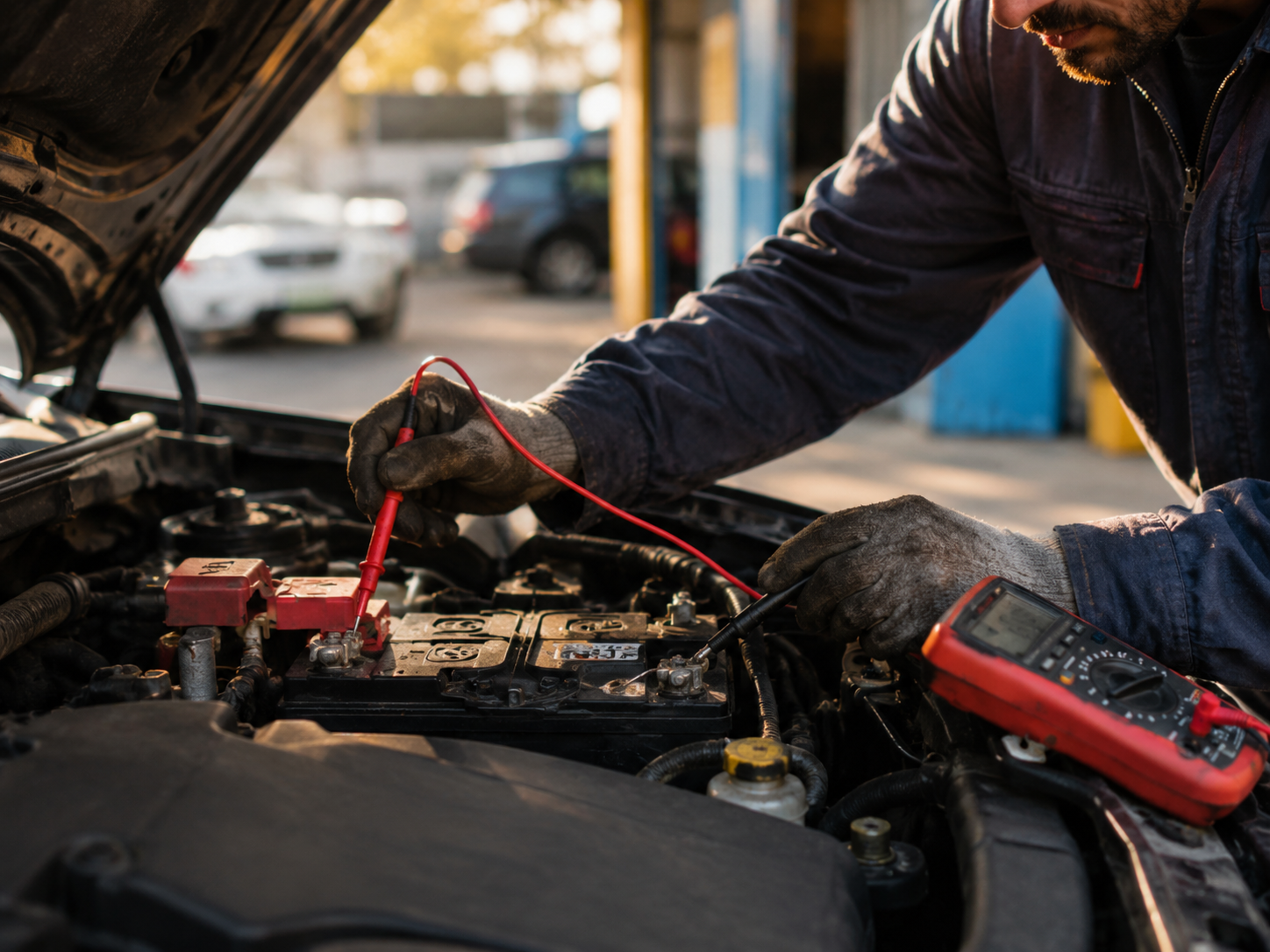 A mobile mechanic working under the open hood of a car, using a digital multimeter with red and black probes to test the vehicle battery and electrical system during roadside engine diagnostics.
