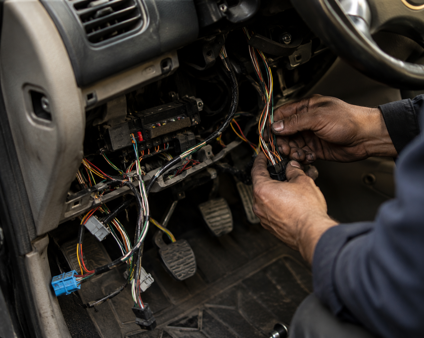 A mobile mechanic working inside a car dashboard area, carefully connecting and inspecting electrical wiring and fuse system during a Coventry Fixcore vehicle diagnostic and repair service.