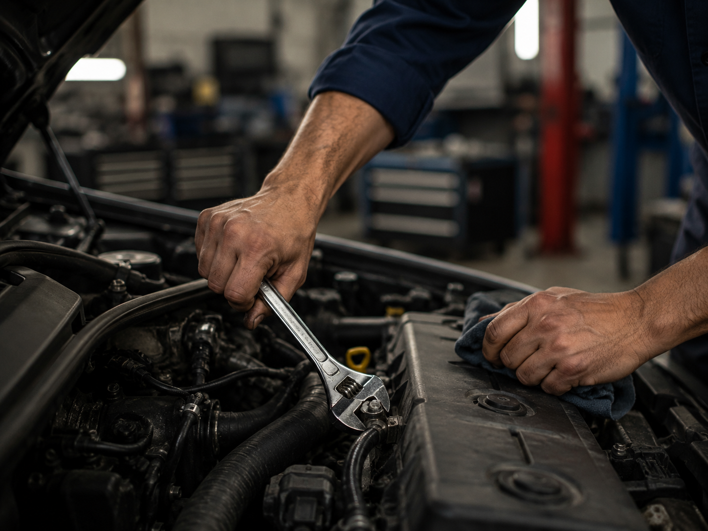 A professional automotive mechanic working in a garage workshop under Coventry FixCore branding, performing engine maintenance using a wrench inside an open car engine bay. The scene shows hands-on vehicle repair with tools and focused mechanical inspection, representing expert diagnostic and repair services.