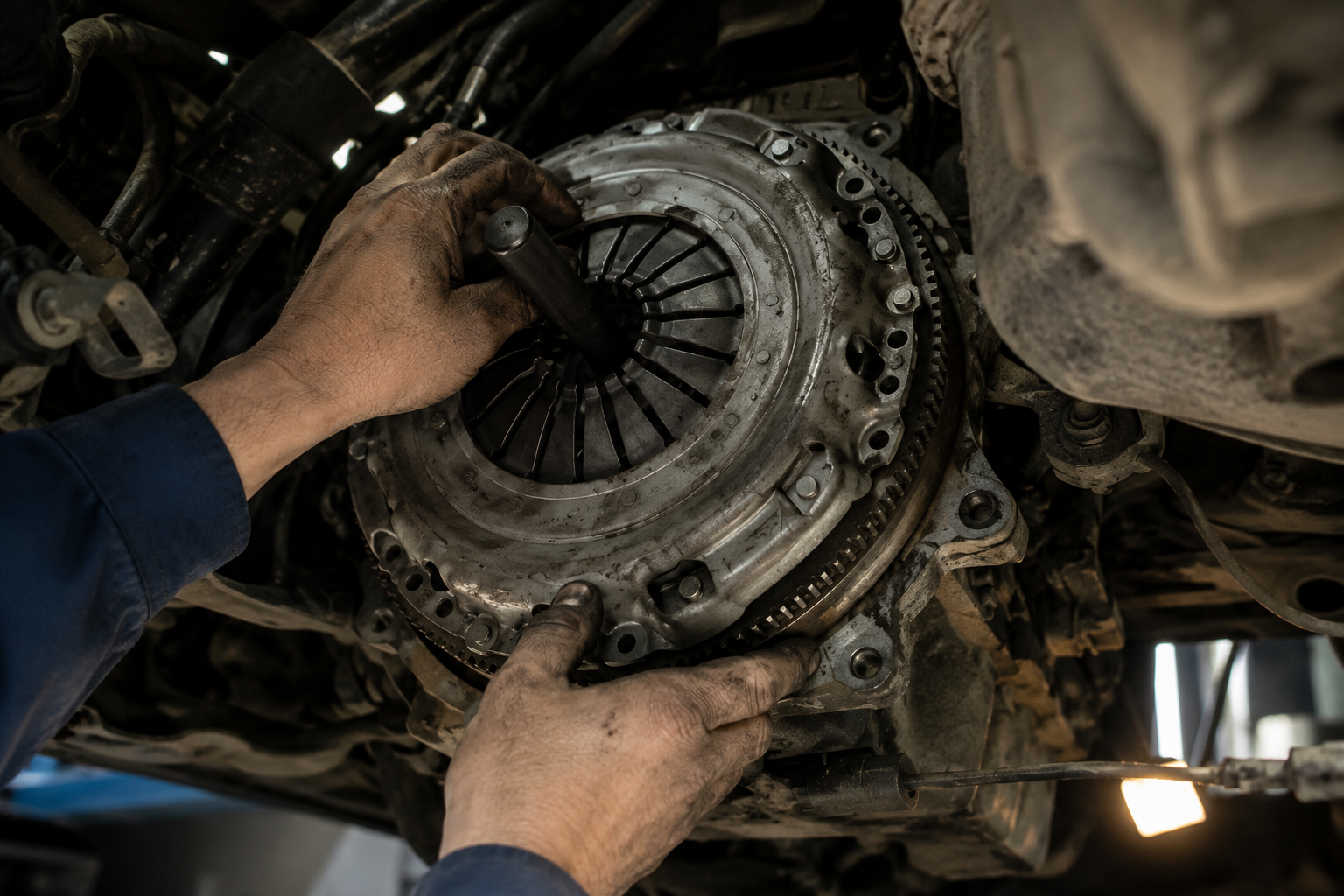 Close-up of a mechanic working on a vehicle clutch assembly inside a workshop, performing detailed repair and adjustment using hands and tools. The image represents professional automotive maintenance and clutch system servicing under Coventry FixCore vehicle repair services.