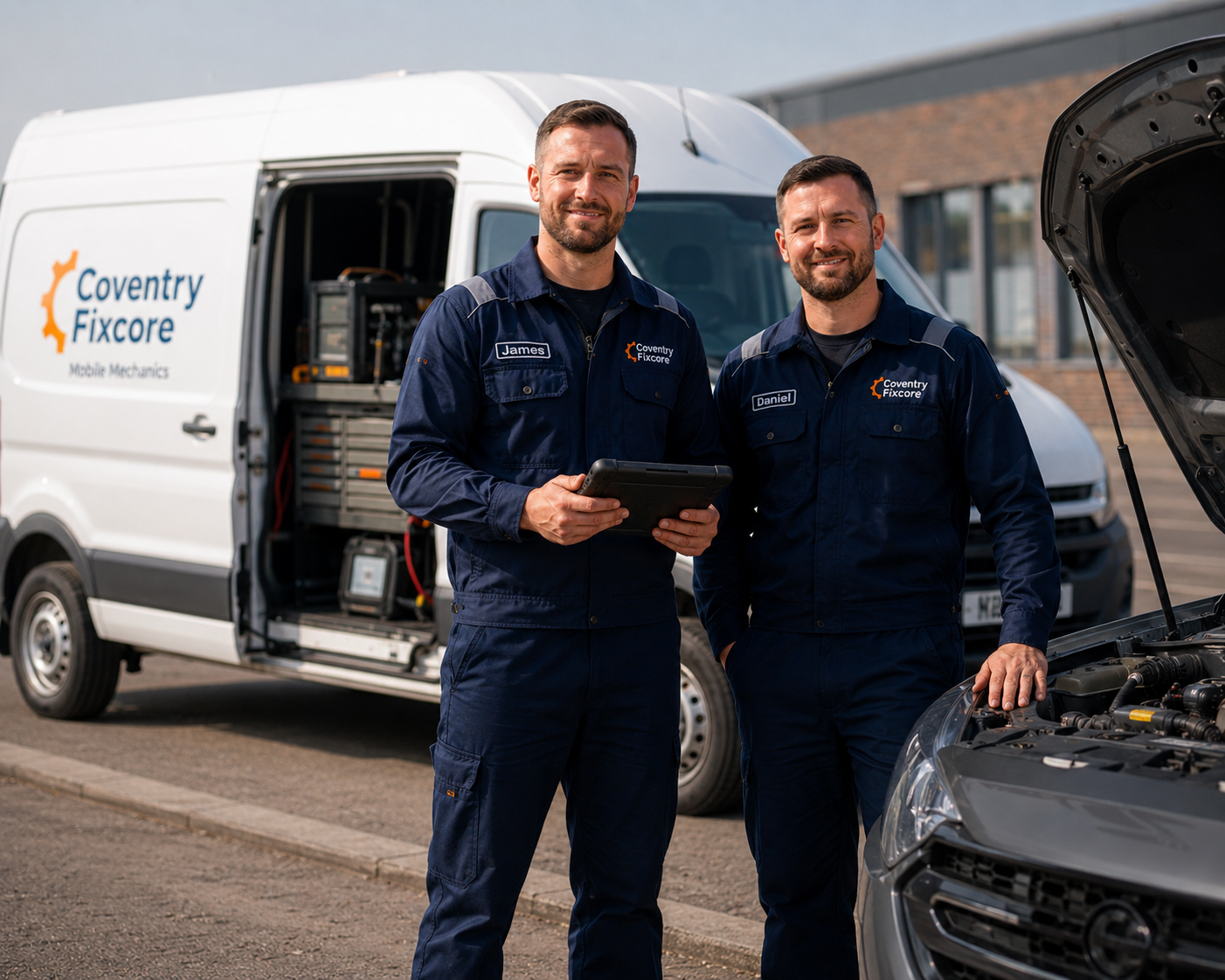 Coventry Fixcore mobile mechanics with service van and open car bonnet in Coventry