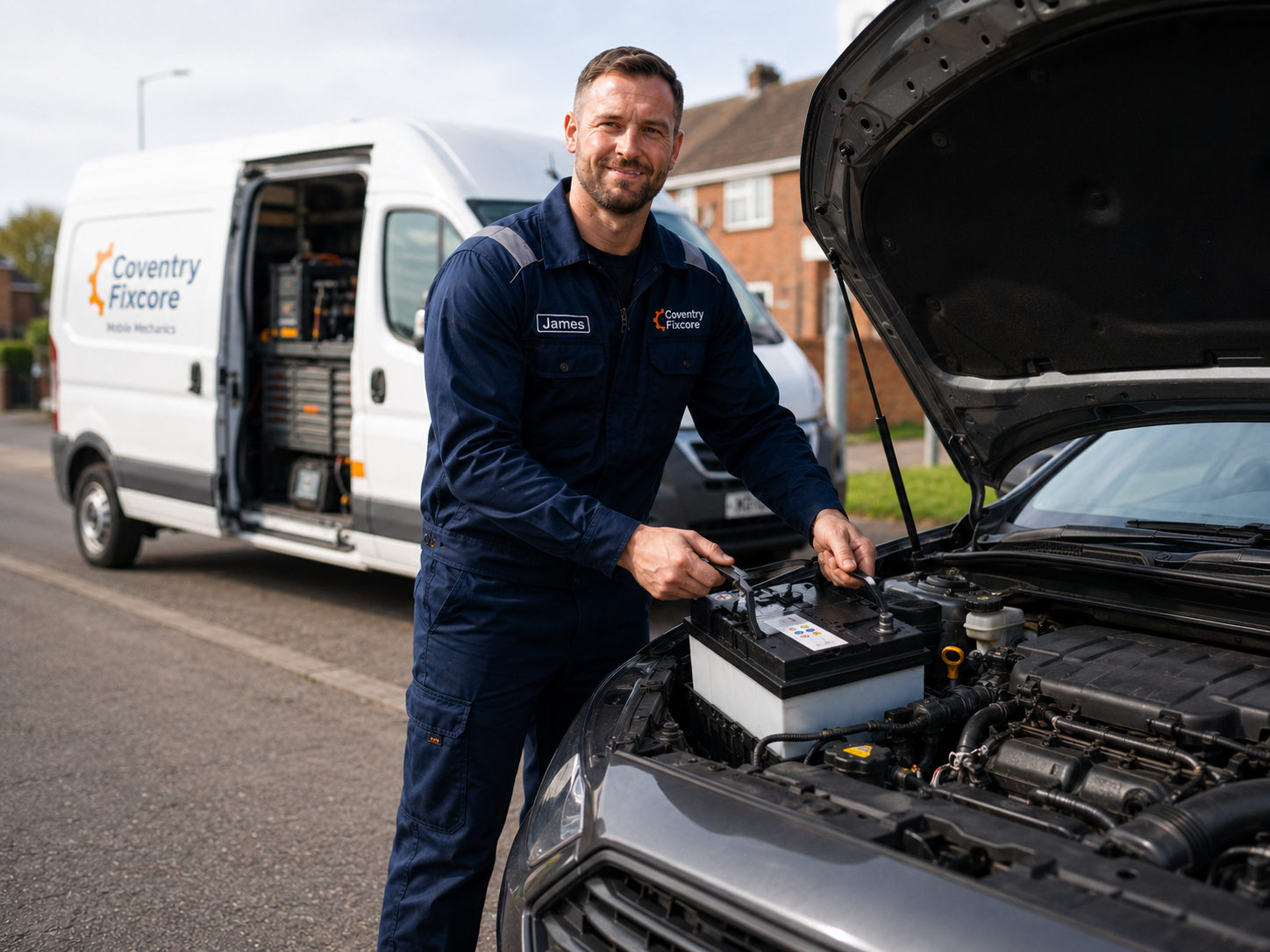 James from Coventry Fixcore replacing a car battery during mobile mechanic roadside service
