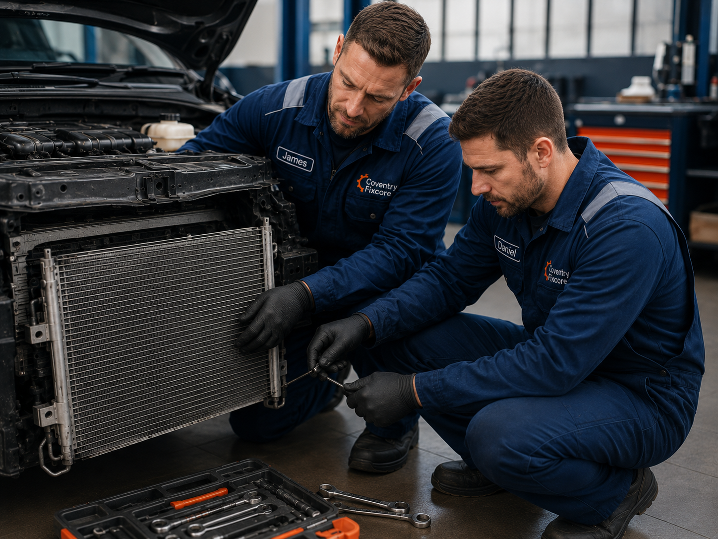 James and Daniel from Coventry Fixcore working on a car repair inside a garage