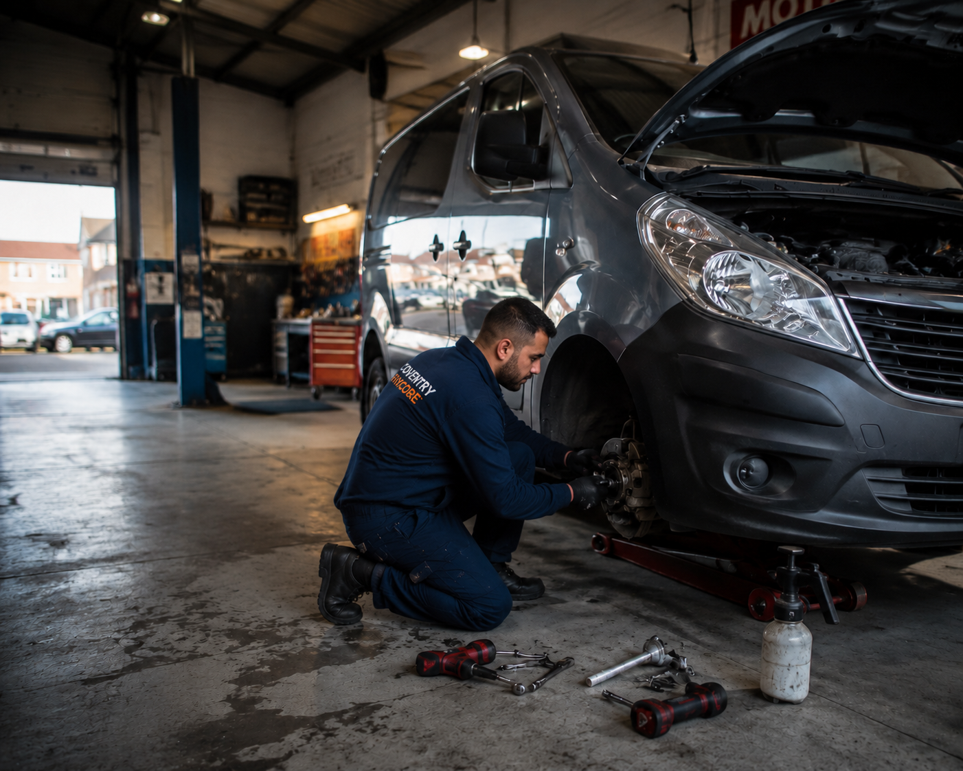 Coventry Fixcore mobile mechanic Daniel performing professional brake system repair on vehicle in workshop during brake maintenance service