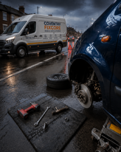 Coventry Fixcore mobile mechanic providing emergency roadside tyre and brake repair service in rainy conditions with branded service van and tools on wet road