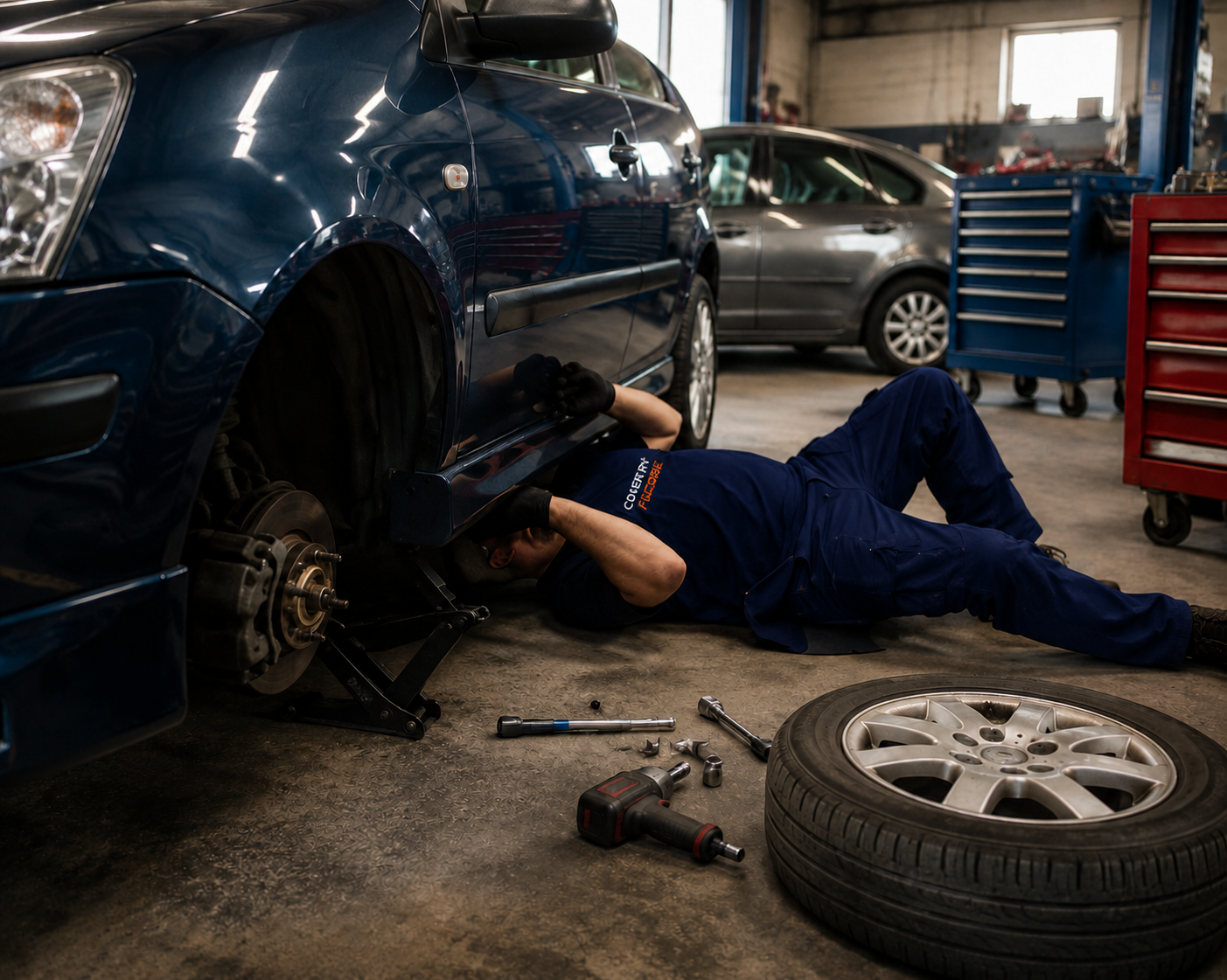 oventry Fixcore mobile mechanic James performing professional brake repair work under a raised vehicle inside a modern automotive workshop