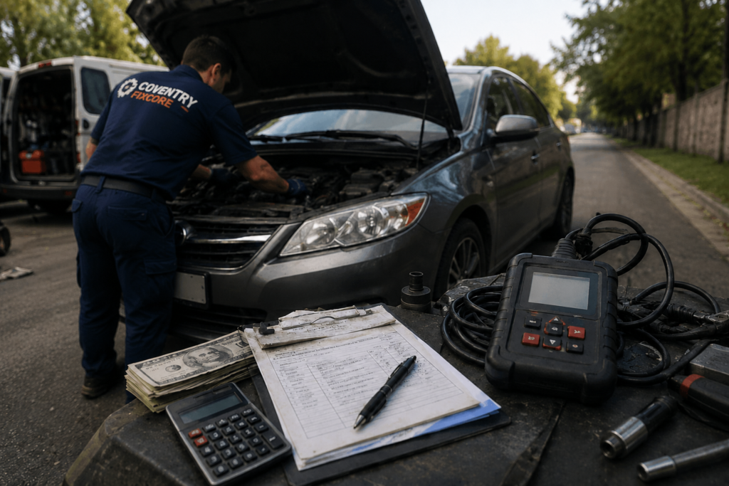Mobile mechanic in Coventry Fixcore branded uniform performing car diagnostic and repair service on a roadside vehicle, showing professional automotive breakdown assistance and engine inspection work.