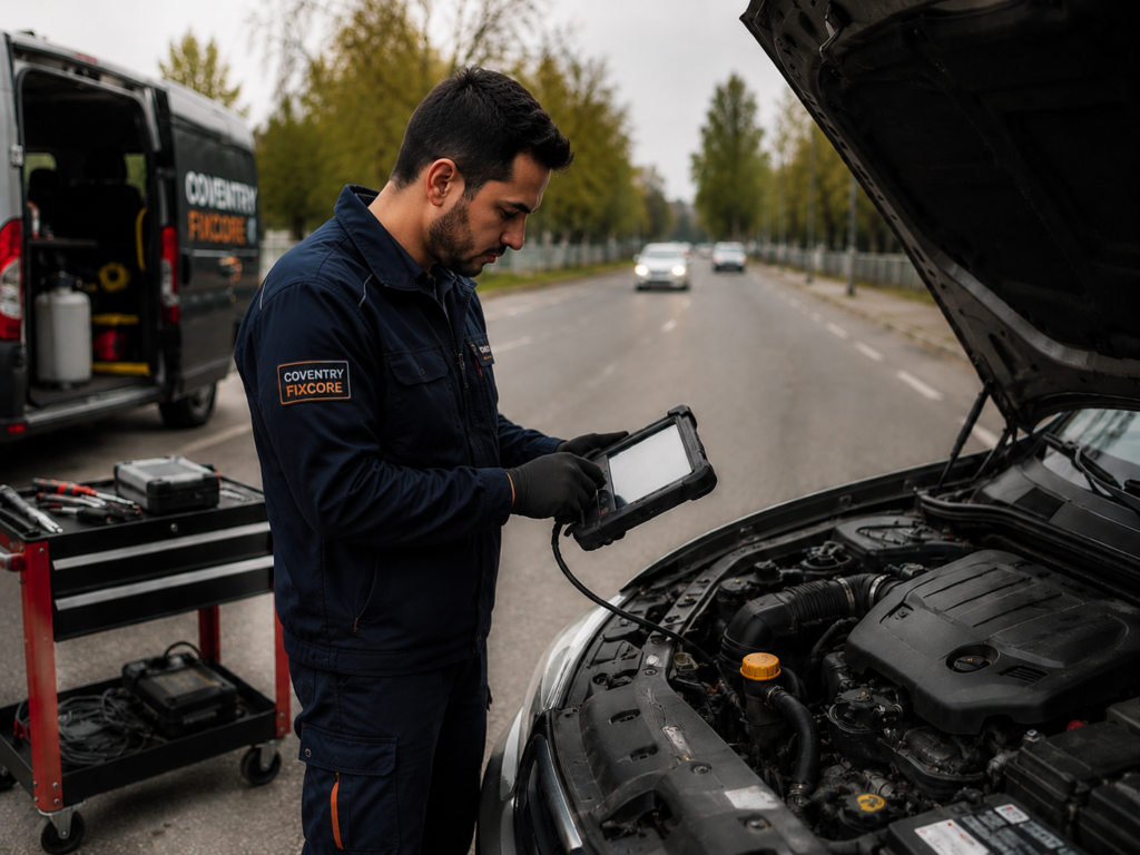Mobile mechanic in Coventry Fixcore branded dark blue uniform performing roadside car diagnostic work with professional equipment, showing engine inspection and mobile vehicle repair service on a city street.