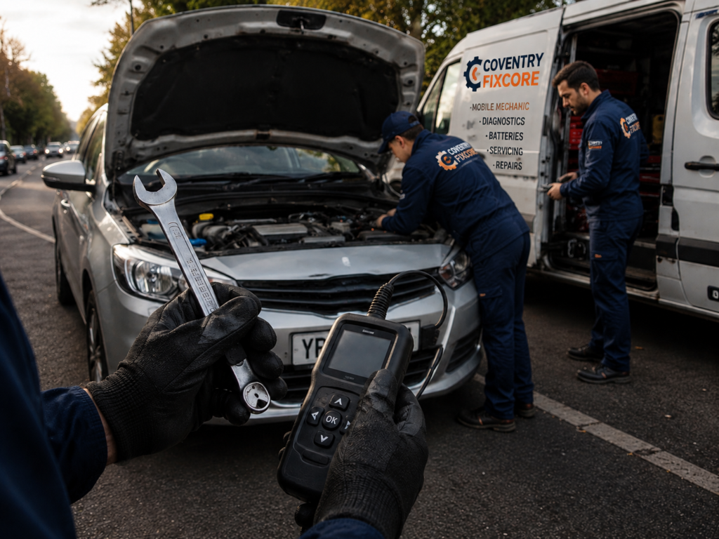 Two Coventry Fixcore mobile mechanics in branded navy blue uniforms performing roadside car repair and engine inspection beside a white service van, showing professional automotive assistance service.