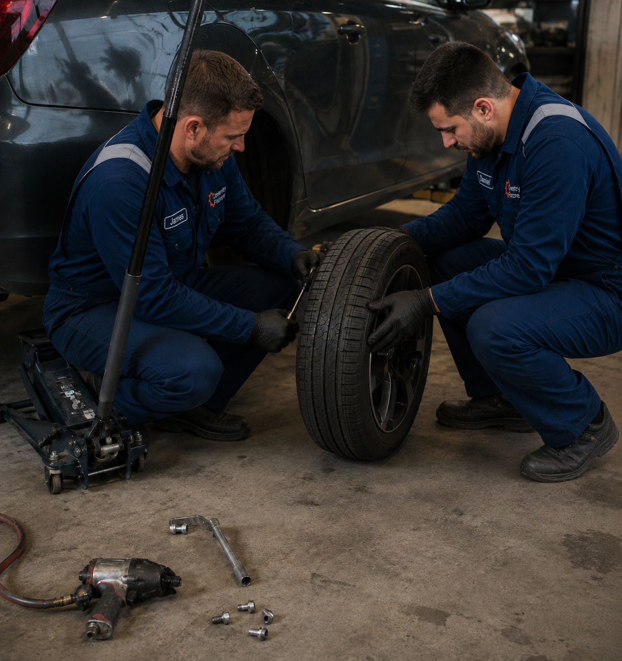 James and Daniel from Coventry Fixcore repairing a car wheel during garage service work
