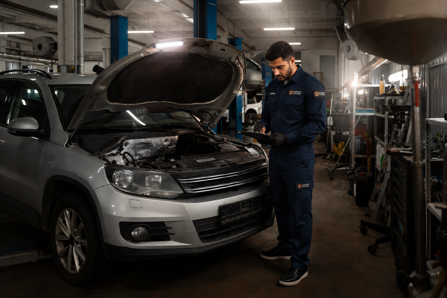 Danial, a professional mechanic in a dark blue Coventry Fixcore uniform, standing in a modern auto repair workshop and inspecting a silver car with its hood open while writing on a clipboard during engine diagnostics.