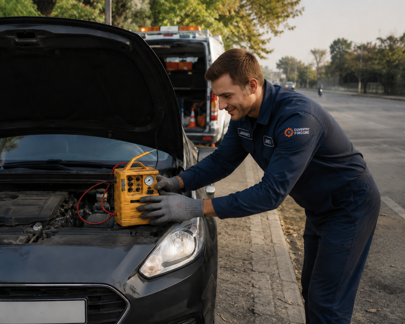 Danial, a professional roadside mechanic in Coventry Fixcore dark blue uniform, performing mobile car diagnostics on a vehicle engine using a portable diagnostic tool while a service van is parked behind on a roadside.
