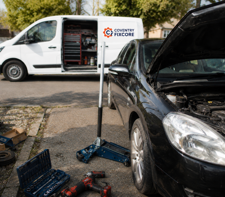 A roadside car repair scene in Coventry showing a black car with its hood open being serviced with tools and a hydraulic jack, while a white Coventry Fixcore service van with equipment inside is parked in the background.