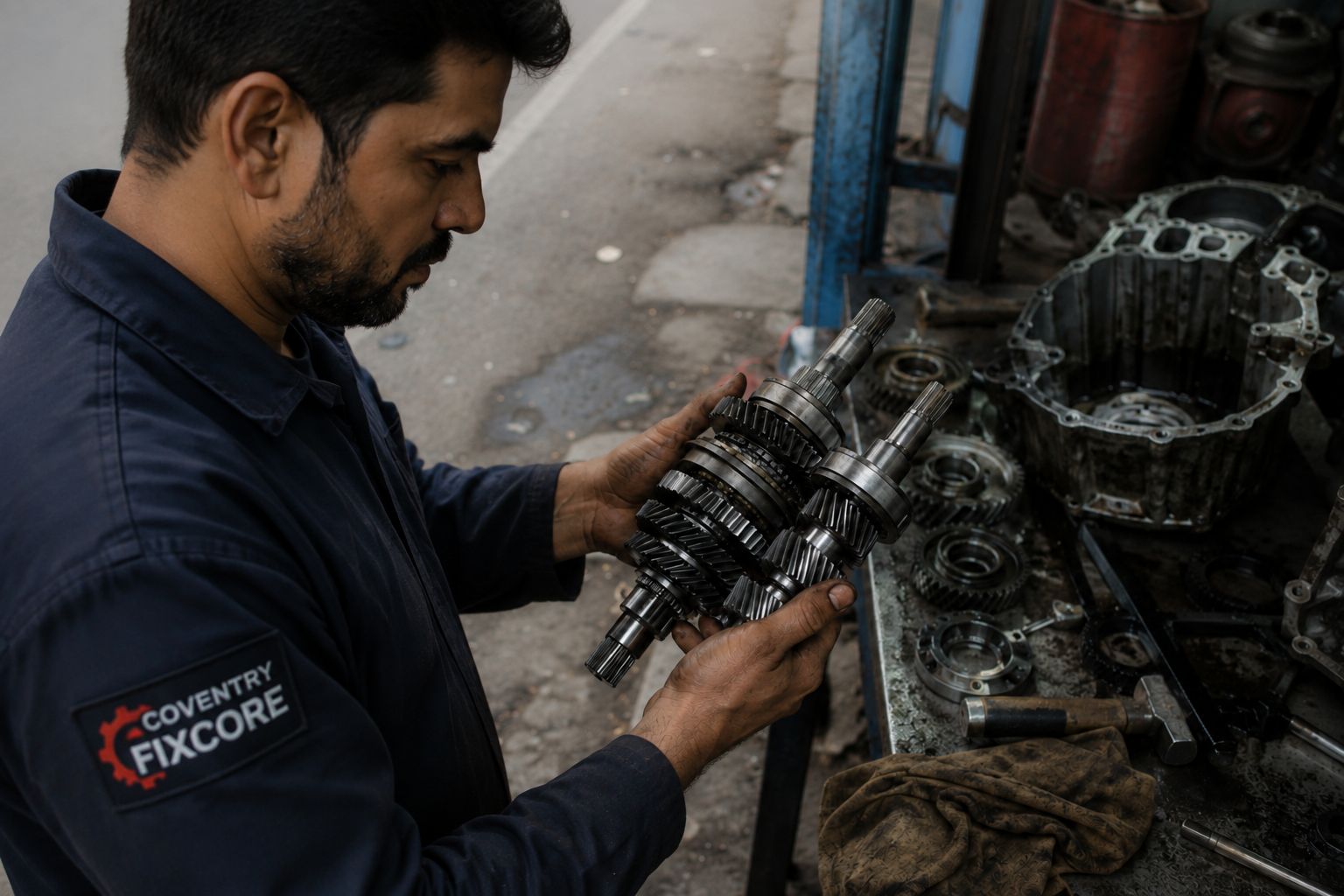 A professional mechanic in a Coventry FixCore branded uniform inspecting and holding automotive gear components in a workshop environment. The scene shows detailed transmission parts on a workbench, representing expert vehicle diagnostics, repair, and mechanical servicing in a professional garage setting.