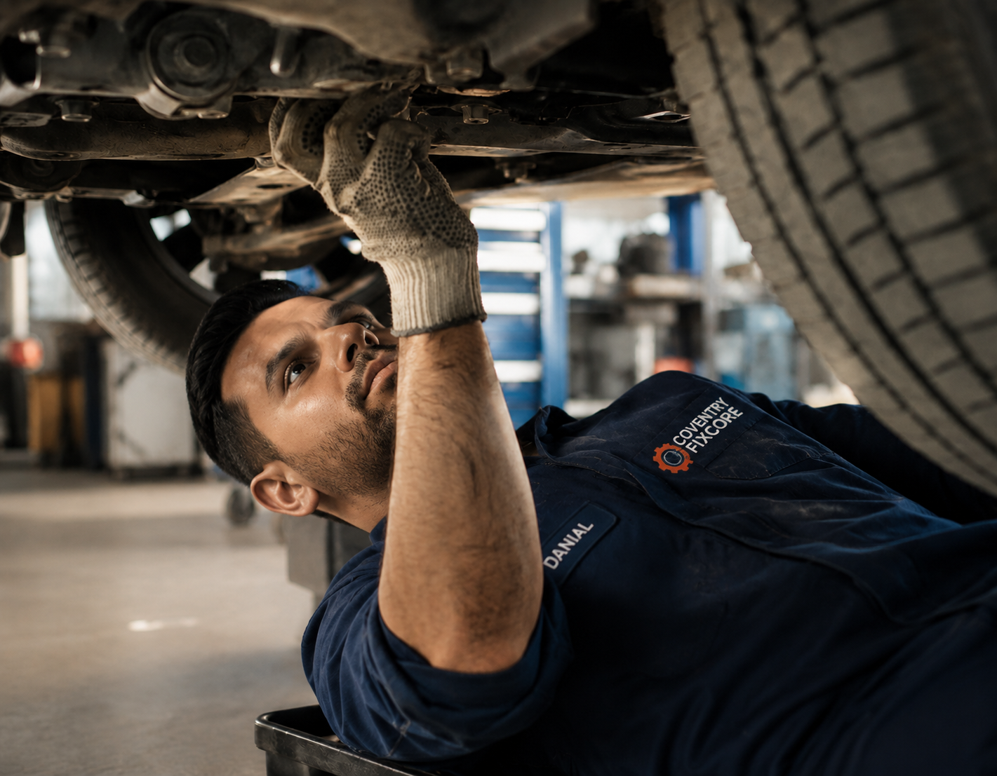 Danial, a professional automotive technician in a Coventry FixCore uniform, is inspecting a vehicle’s undercarriage inside a modern auto repair workshop, focused on mechanical diagnostics and repair work.