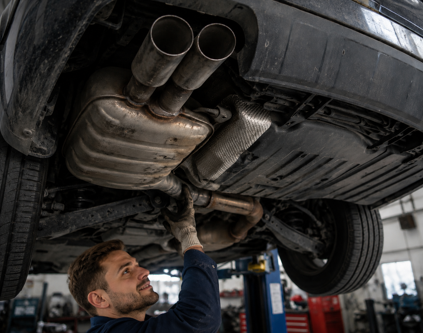 James, a professional automotive technician in a Coventry FixCore uniform, inspecting the exhaust system of a raised car inside a modern auto repair workshop, focused on underbody diagnostics and mechanical maintenance work.