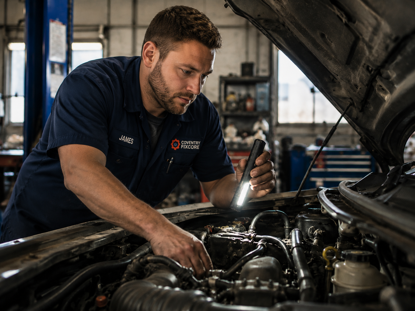 James, a professional automotive technician in a Coventry FixCore uniform, carefully inspecting a car engine using a flashlight inside a modern auto repair workshop, focused on detailed diagnostics and mechanical troubleshooting.
