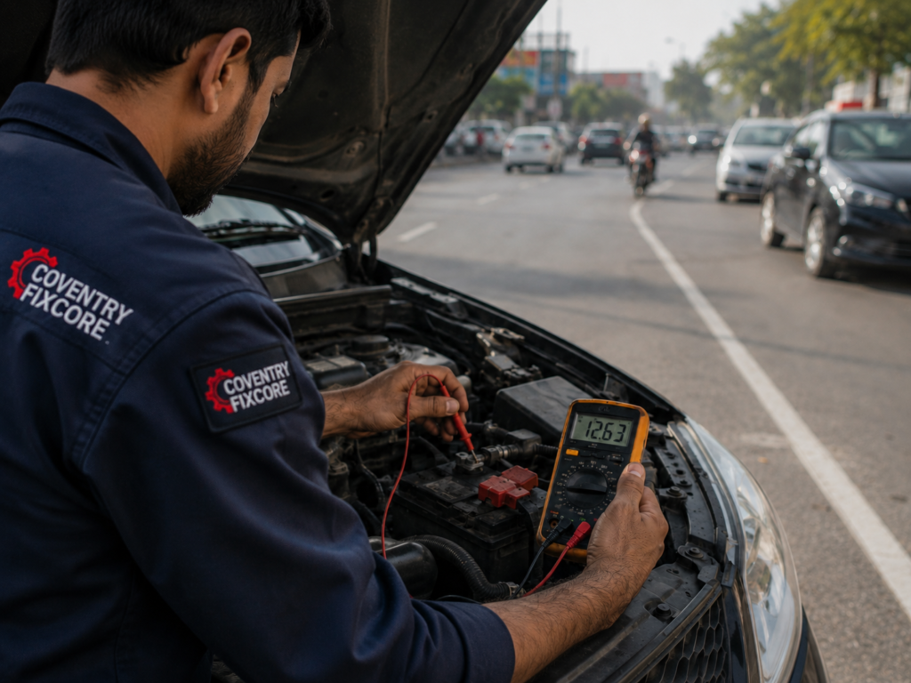 A mobile mechanic wearing Coventry Fixcore uniform testing a car battery with a digital multimeter while working under the open hood of a vehicle on a busy roadside, performing professional engine diagnostics.
