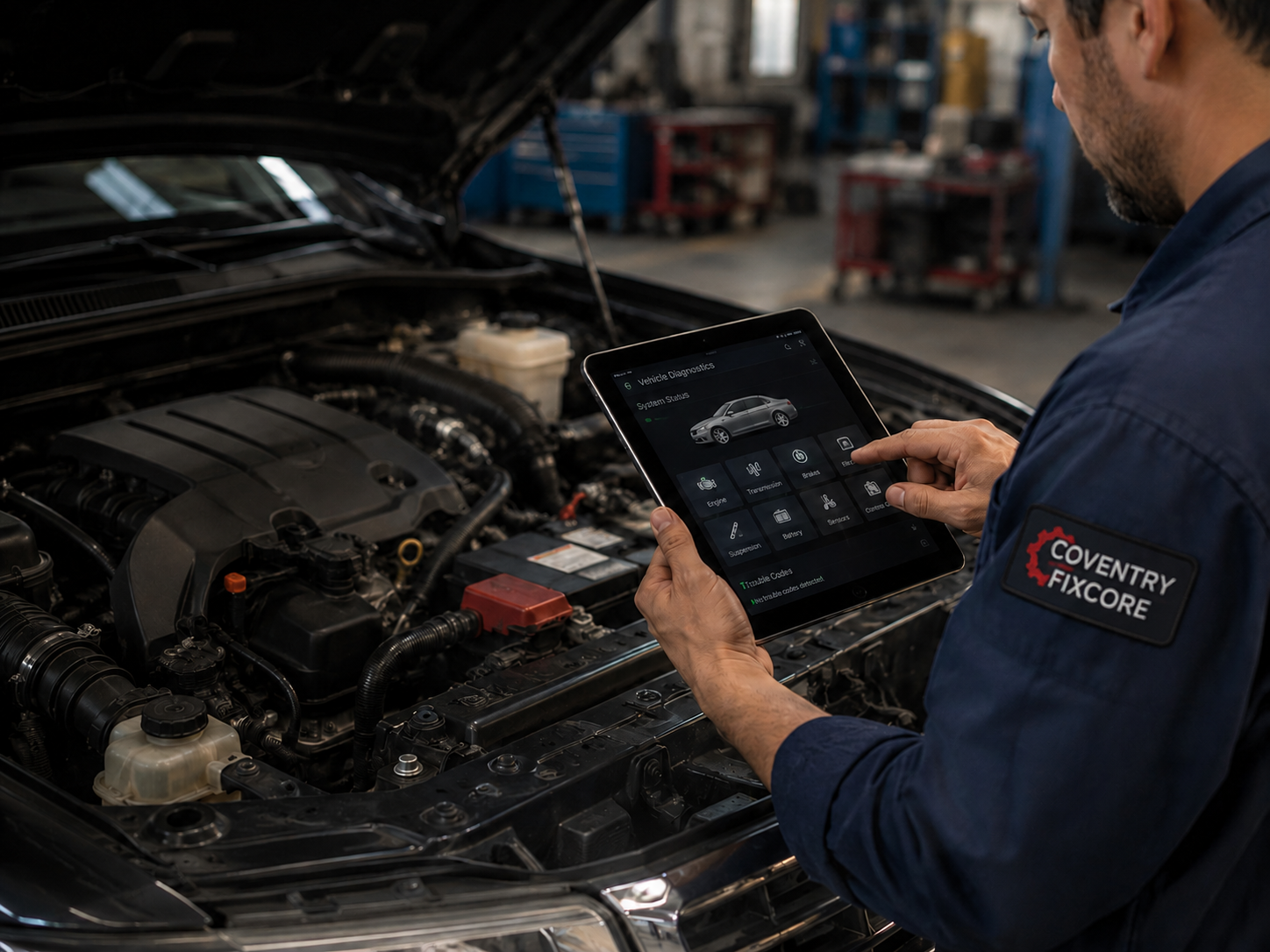 Coventry Fixcore Mobile Mechanic Performing Engine Diagnostics with Tablet