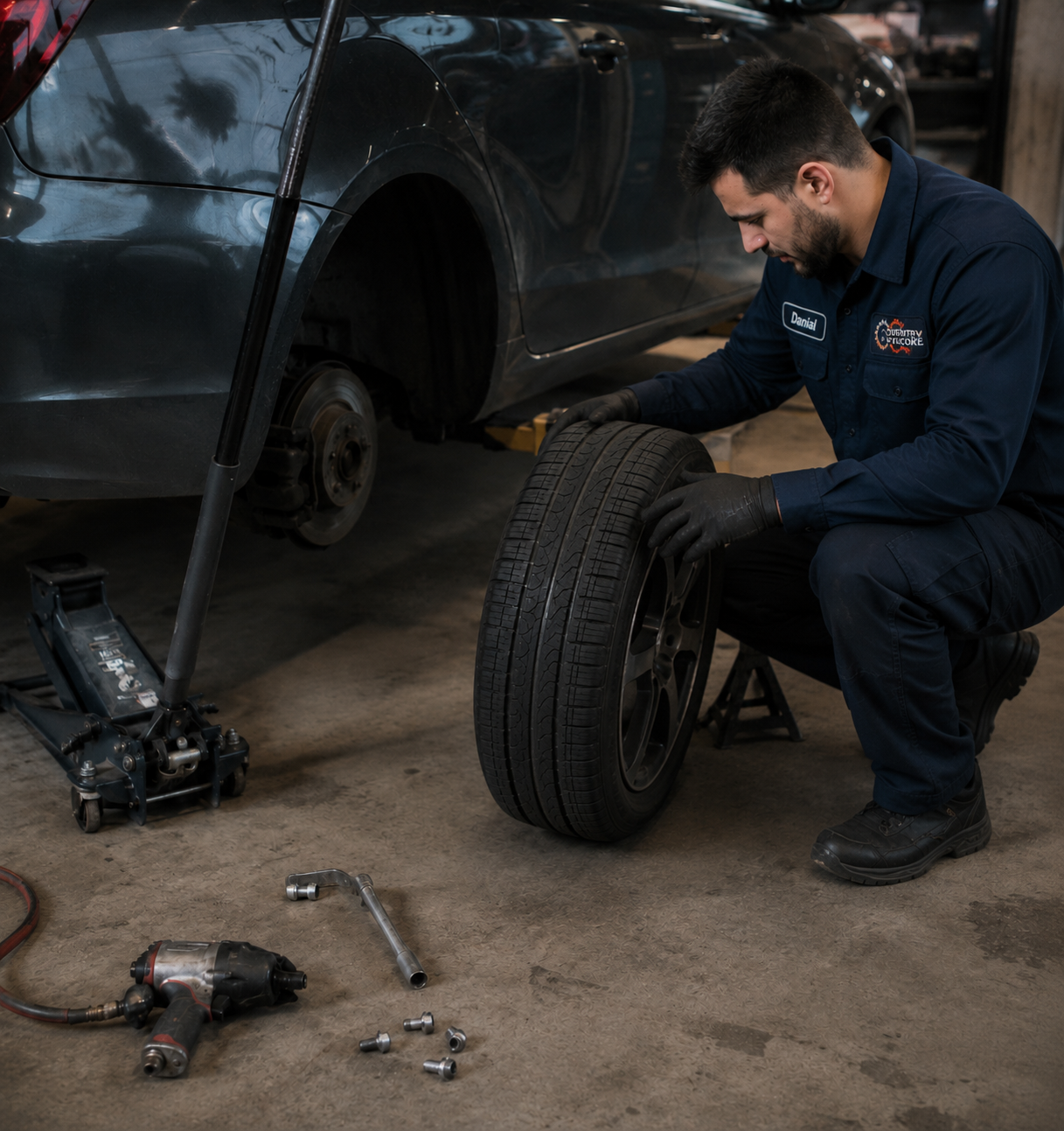 Mechanic “Danial” in Coventry Fixcore uniform inspecting a car wheel during repair work in an indoor auto workshop, with tools placed on the floor and vehicle lifted for maintenance.