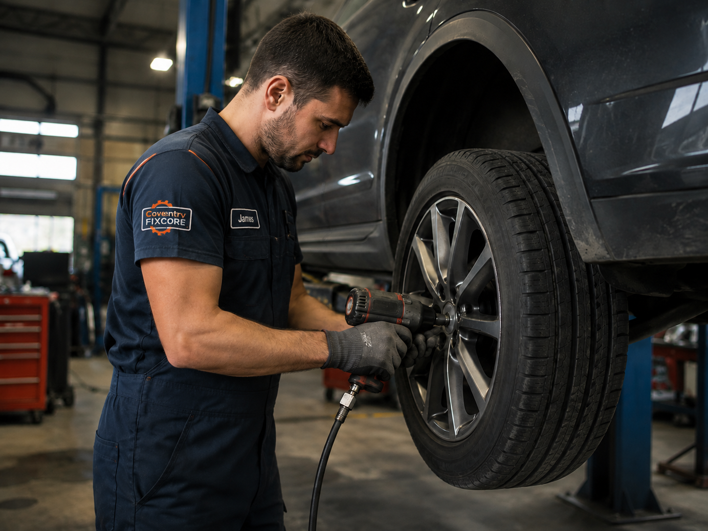 Coventry Fixcore mechanic James in branded dark navy uniform with orange and white shoulder badge, performing wheel alignment and tightening wheel bolts on a raised car inside an auto repair garage.