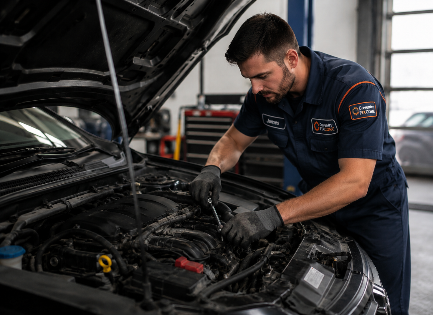 Coventry Fixcore mechanic James wearing a branded dark navy uniform with orange and white shoulder badge, performing professional engine inspection and repair work inside a modern auto workshop.