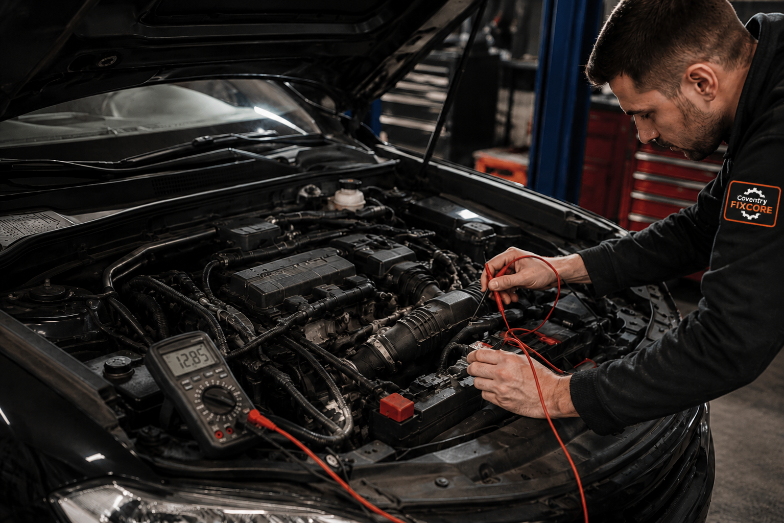 Coventry Fixcore mechanic James wearing branded dark navy uniform with orange shoulder badge, performing car battery and engine diagnostic testing using multimeter inside a professional auto repair workshop.