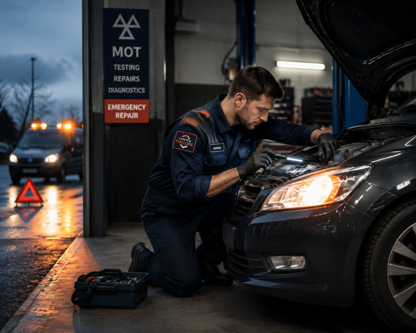 Mechanic in uniform performing emergency MOT repair and vehicle diagnostics inside a Coventry Fixcore garage, working on a car during inspection with tools and workshop equipment in the background.