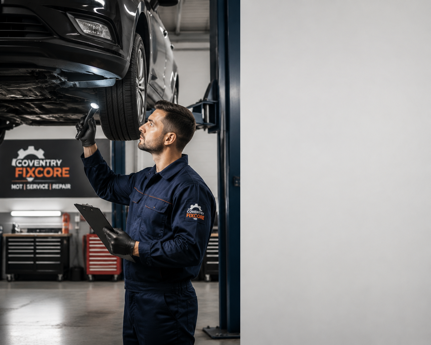 Professional mechanic in Coventry Fixcore workshop performing MOT repair process by inspecting a raised vehicle in a clean garage, showing step-by-step vehicle diagnostics and repair workflow with tools and service equipment in background.