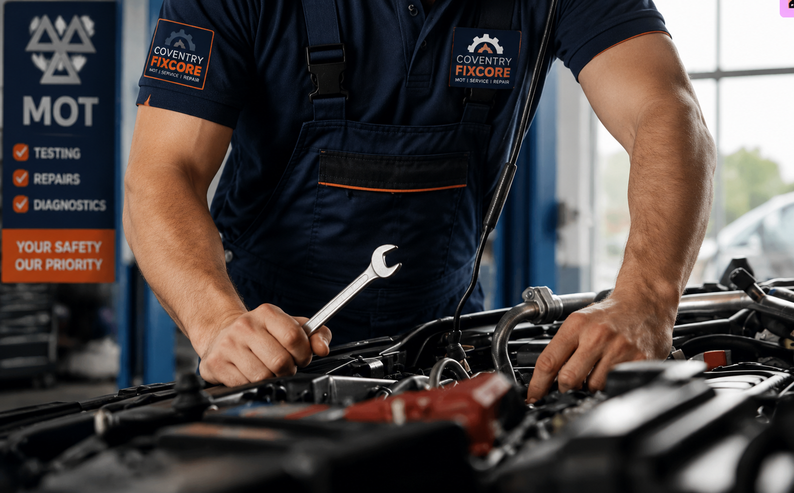 Close-up view of a mechanic in Coventry Fixcore uniform working on a car engine during MOT repair process, holding a wrench and inspecting engine components inside a professional automotive workshop.