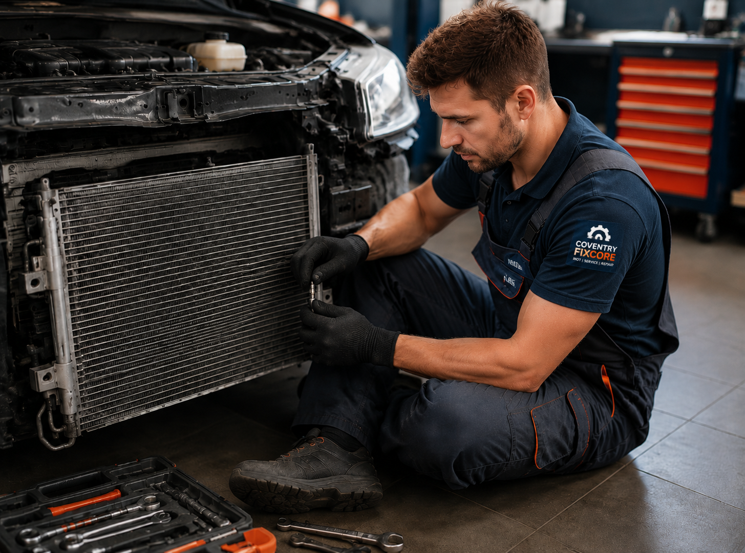 Coventry Fixcore uniform wearing mechanic performing detailed radiator repair on a car in a modern automotive workshop while sitting beside the vehicle with tools placed nearby.