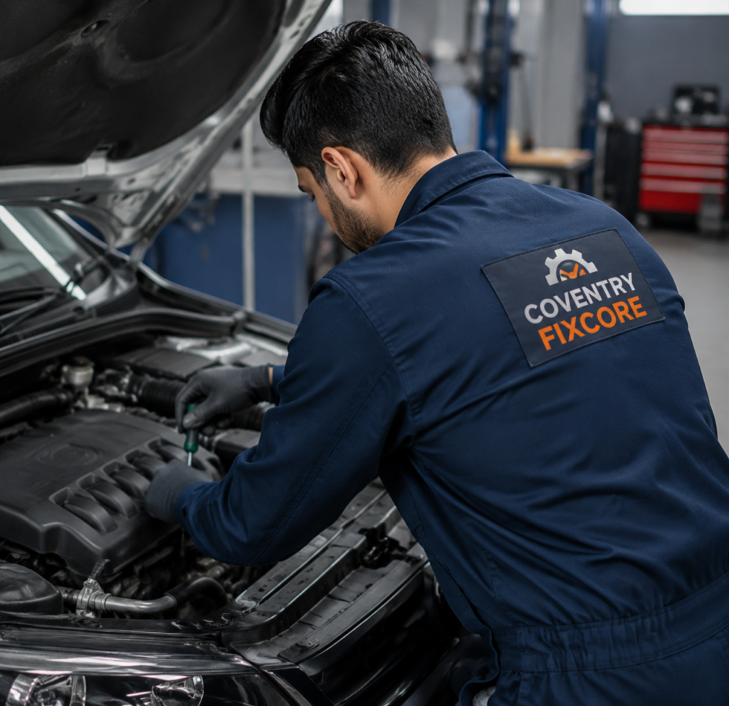 Professional mobile mechanic wearing Coventry Fixcore uniform working on a car engine inside an auto repair workshop, inspecting and diagnosing engine components during maintenance and repair service.