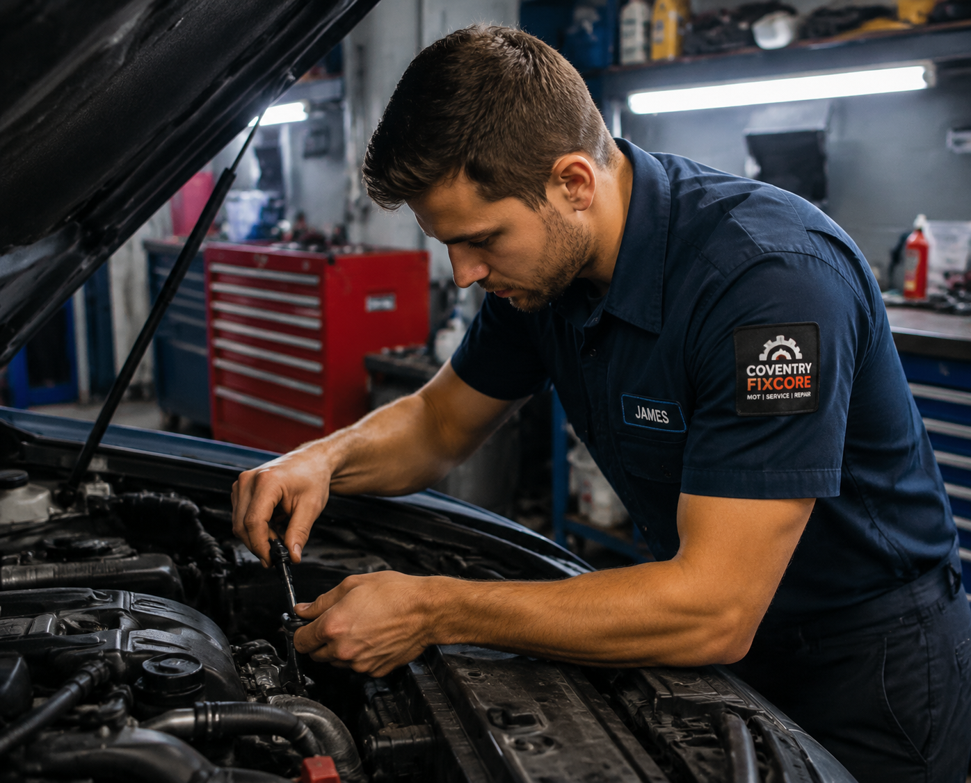 Professional mechanic wearing Coventry Fixcore uniform working on a car engine inside an auto repair workshop, performing detailed engine maintenance and repair using hand tools with focus and precision.