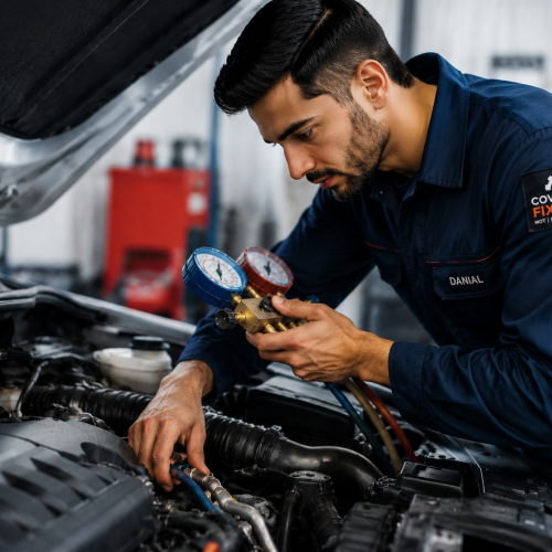 Coventry Fixcore uniform wearing mechanic performing air conditioning system repair on a car engine in a professional automotive workshop with dark navy overlay on left side for hero section layout.